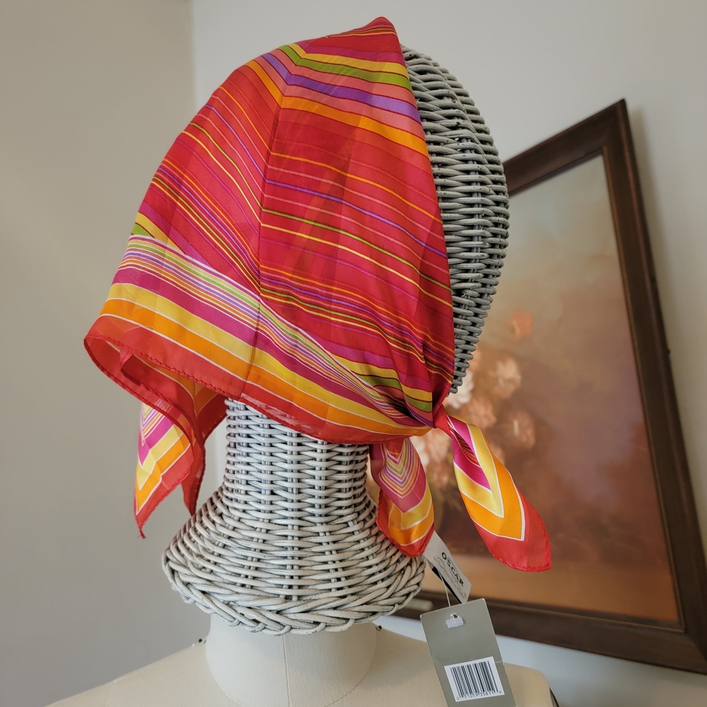 Deadstock Vintage Oscar de la Renta Red Retro Stripe Silk Scarf Head Wrap NWT - Picture 3 of 9